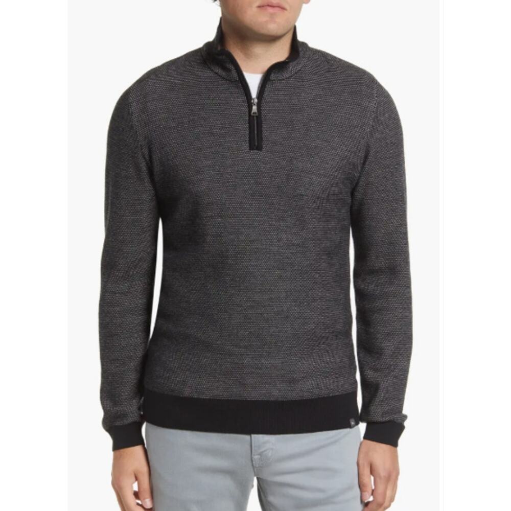 Brax Men's Large Elbow Patch Jacquard Wool Blend Quarter Zip Sweater  Black